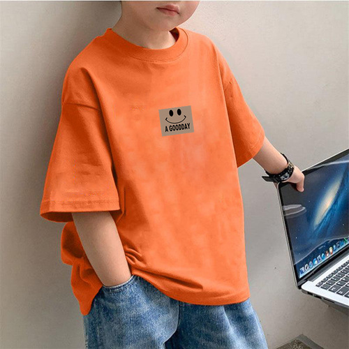 2018 Pure Cotton Summer Half-Sleeve Boys and Toddlers Summer Clothing Simple Loose Smiling Face Top T-Shirt for Older Children