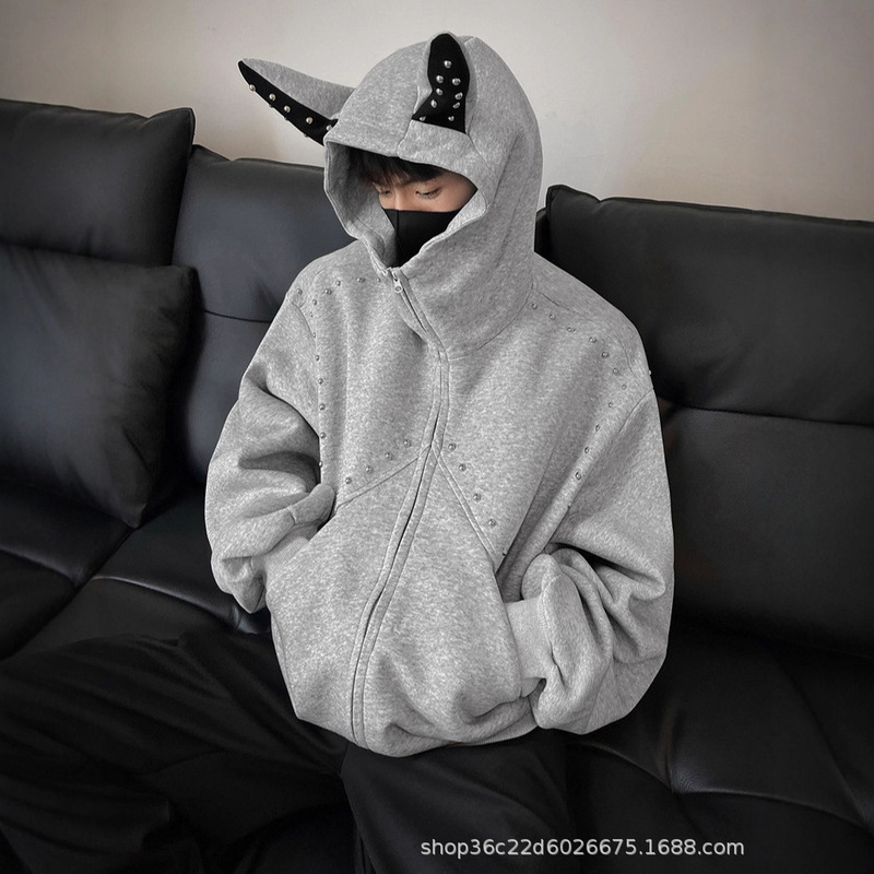 美式高街情侣卫衣男秋季潮牌铆钉耳朵连帽夹克小众设计感开衫外套|undefined