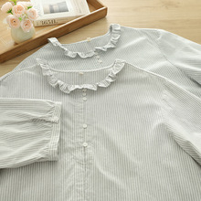 日系森女系新款 夏装立领木耳花边中袖衬衫 女式褶皱宽松半袖衬衣