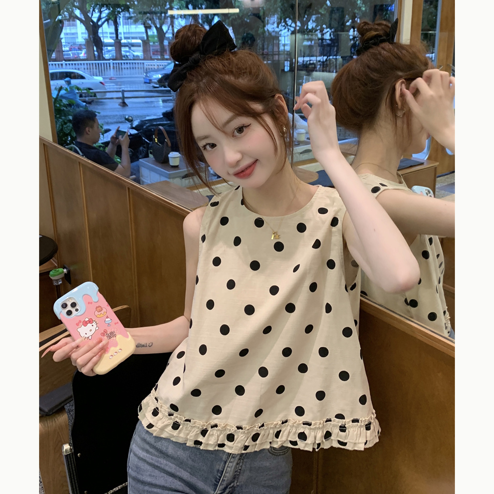 法式宽肩带波点吊带背心女夏外穿泰式无袖坎肩甜辣娃娃衫宽松上衣