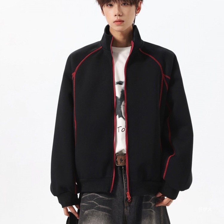 American retro style, double-zipper, stand-up collar sweatshirt for men, featuring a loose, stylish design, perfect as a casual cardigan or outerwear for autumn