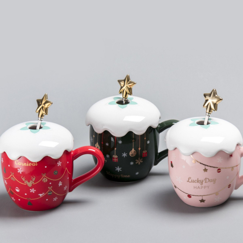 圣诞陶瓷杯小麋鹿圣诞杯星星勺配杯盖礼盒套装伴手礼节日礼品