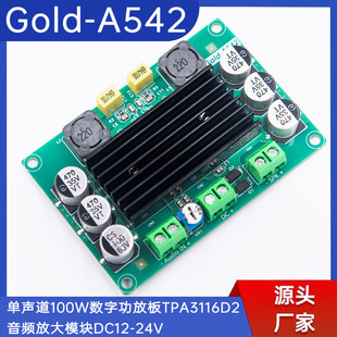 Gold-542 Mono 100W Digital Power Amplifier Board Tpa3116D2 Audio Amplifier Board 12-24V High Fidelity