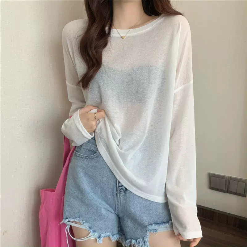 夏季新款百搭纯色宽松圆领长袖冰丝防晒T恤打底衫女韩版修身上衣