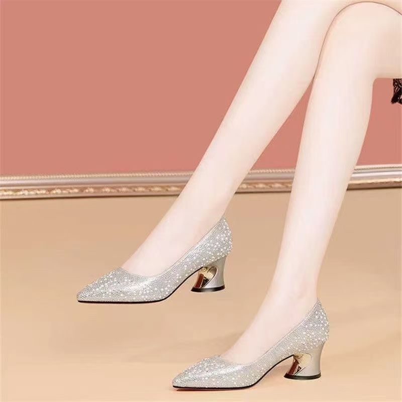 女性用ラインストーンハイヒール、義母用ウェディングシューズ、春スタイルレディース高級本革靴、太ヒールマザーズシューズ|undefined