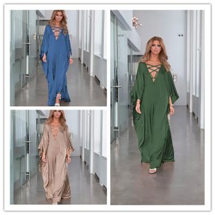 Cross-Border European and American New Satin Outer Large Size Loose Dress Vacation Casual Beach Long Skirt Swimsuit Outer Blouse