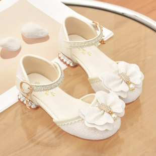 Children's shoes wholesale children's princess shoes little girl high heels girls closed toe leather shoes White performance catwalk crystal shoes
