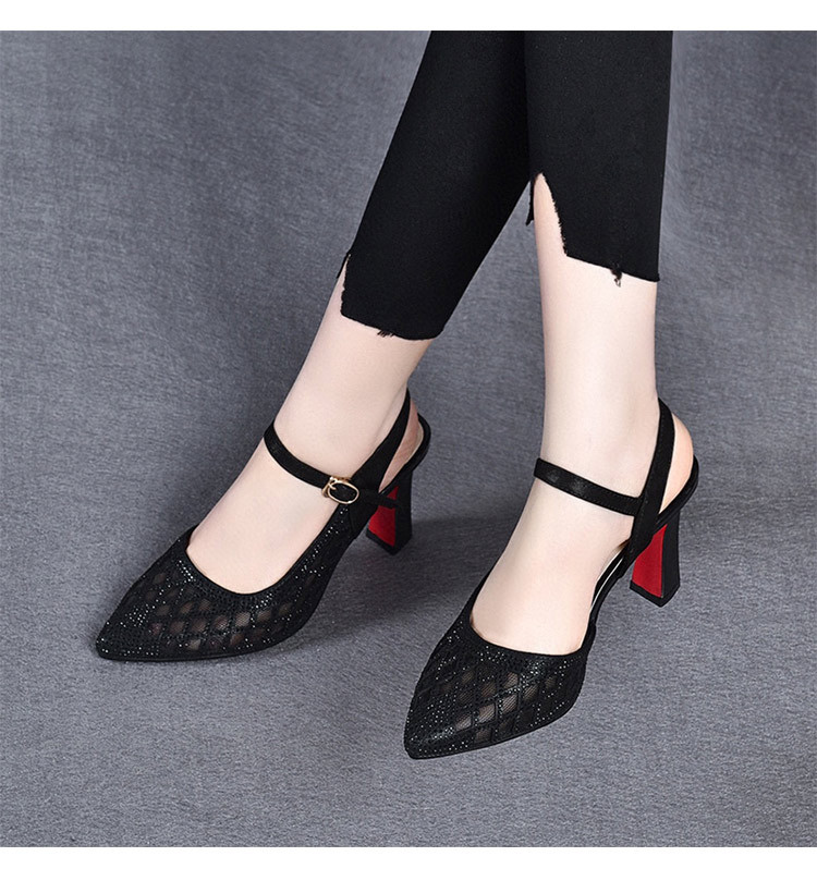 Sandal cao gót nữ mũi nhọn bít mũi lưới khoét lỗ, quai đơn, gót 3 cm — Gót vàng 3cm chi tiết 5