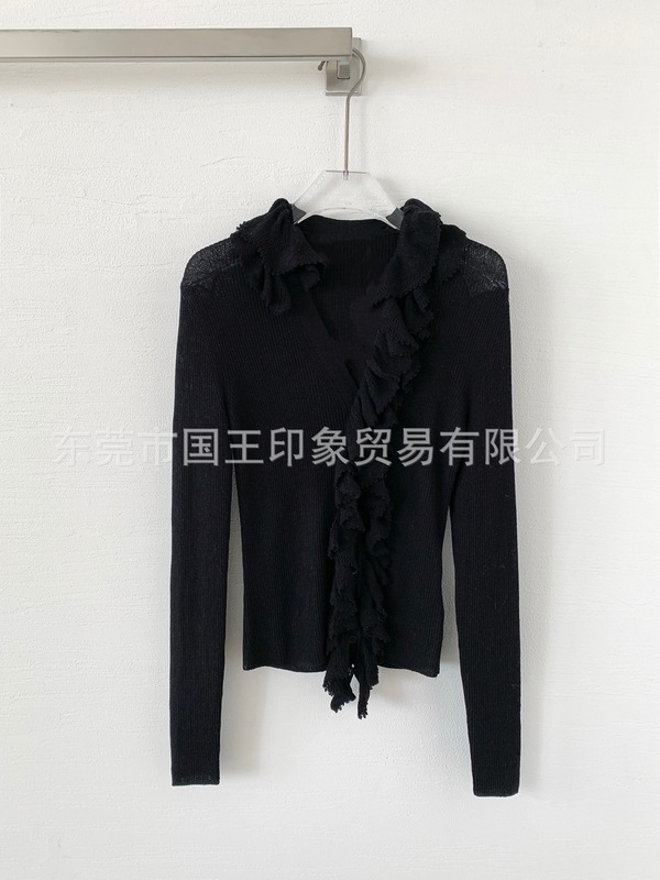 国王印象 早秋新款荷叶边V领修身显瘦微透单排扣长袖针织衫上衣女|undefined