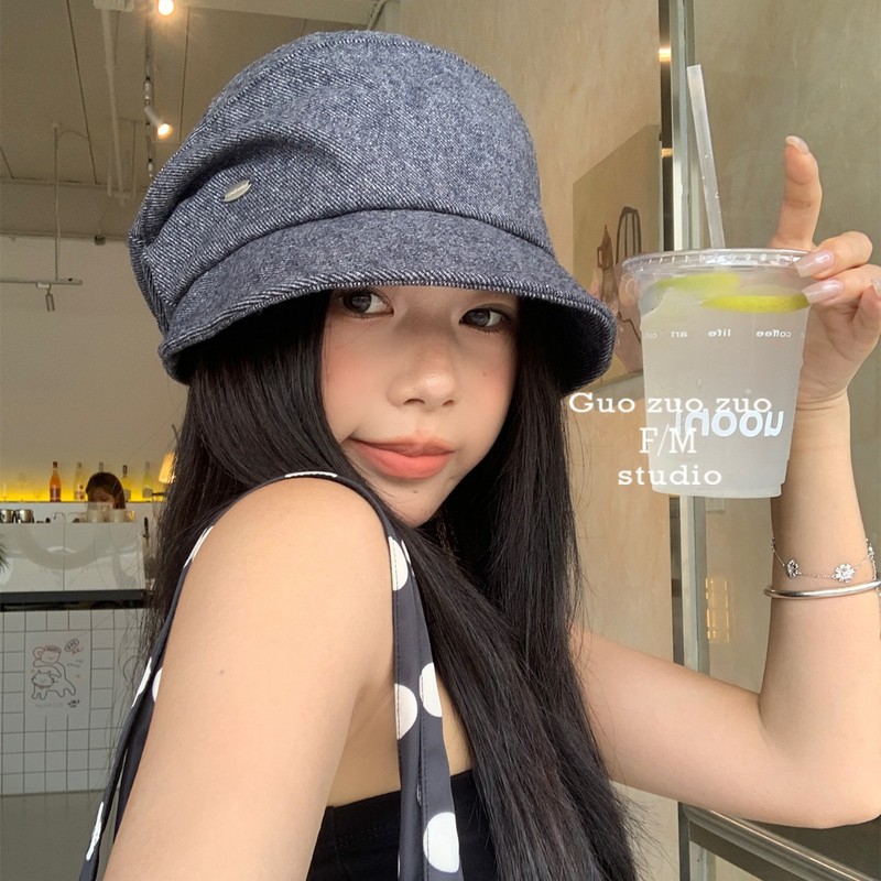 日本设计师！复古褶皱堆堆帽子贝雷帽女高级感牛仔渔夫帽大头围潮|undefined