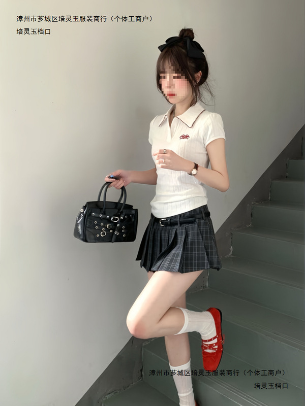 学院风辣妹修身显瘦polo领短袖T恤女夏季新款格纹a字百褶短裙套装|undefined
