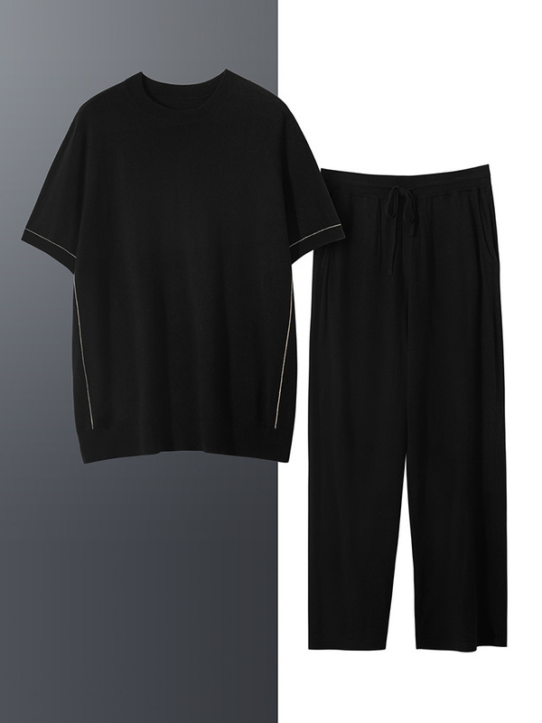 夏の绢糸メンズ半袖カジュアルスーツ薄い通気性ストレートパンツファッションゆるい純色丸襟tシャツ|undefined