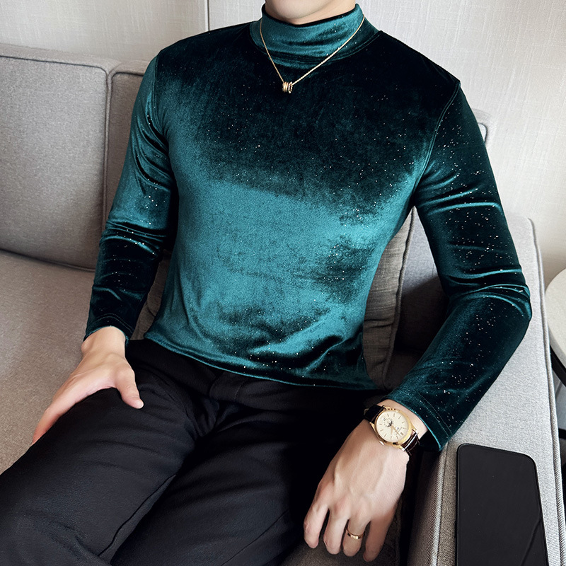 Fall/winter 2024 semi-high collar gold velvet long sleeve slim T-shirt men's fashion pullover fleece-lined collar solid color base shirt