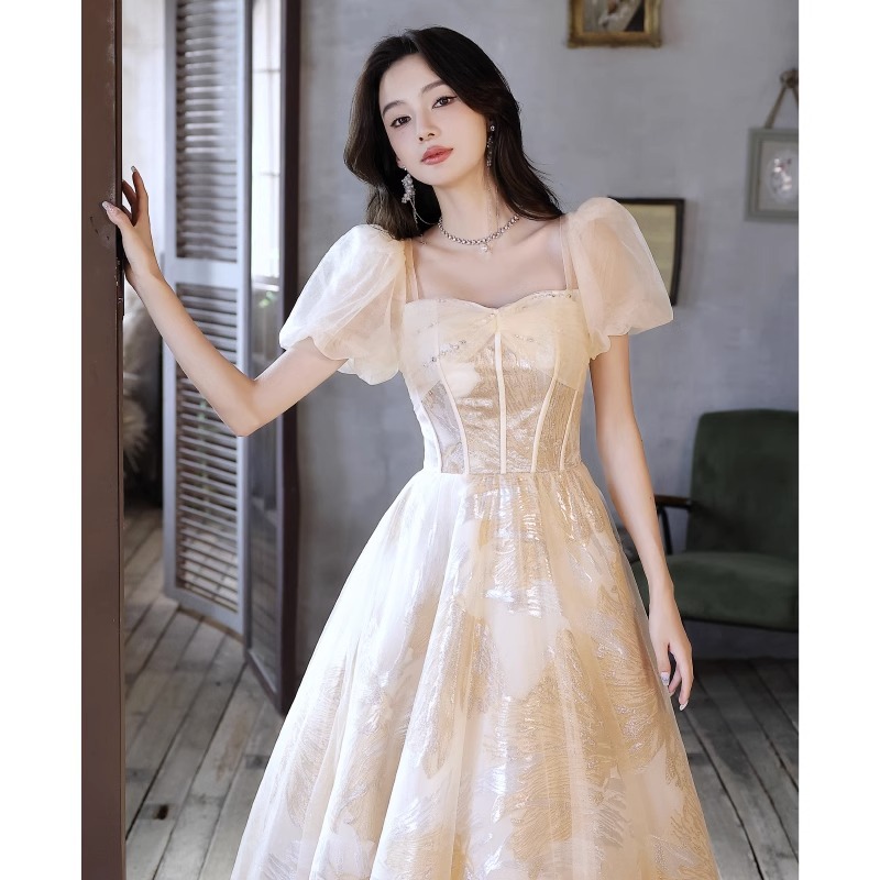 Vestido de noche francés femenino de alto nivel de lujo ligero de alto nivel de color champagne nicho de hadas velo anfitrión vestido de examen de arte vocal