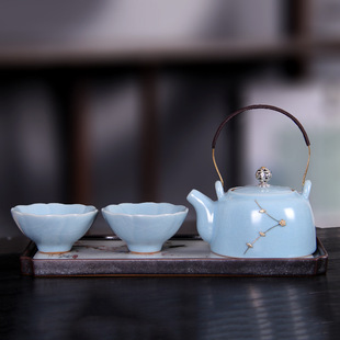 Yushijie Li Huiyi Ru Kiln Jujing Handle Pot with One Pot and Two Cups for Two People Tea Set Ru Porcelain Kung Fu Tea Set