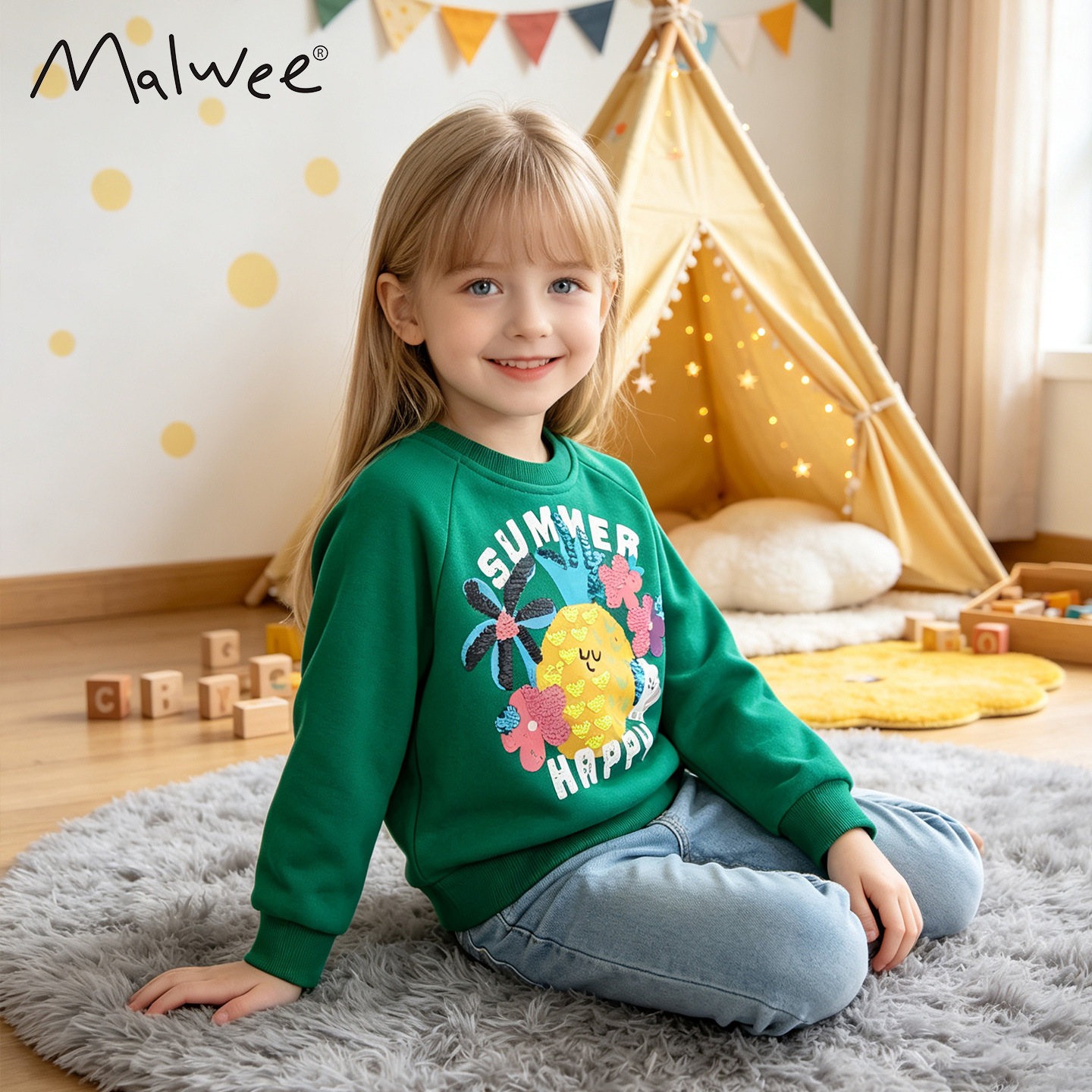 Malwee girls' autumn sweatshirt, new round neck, European and American style, casual long-sleeved children's top.