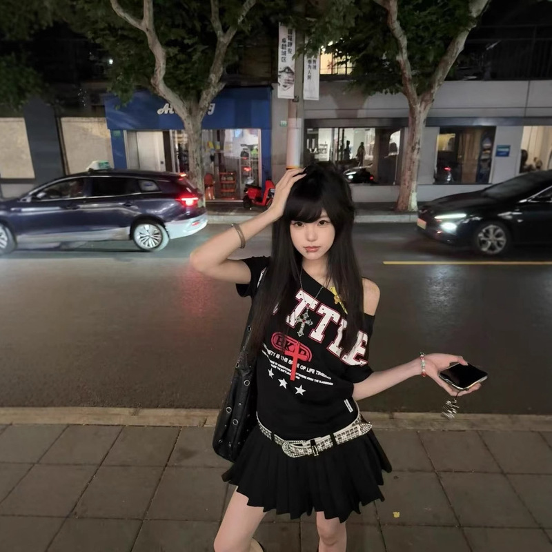 American Sweet Cool Sexy Y2K Slanted Shoulder Pure Cotton Short-Sleeved T-Shirt for Women Summer Wasteland Style Punk Loose Slimming Look Top for Women