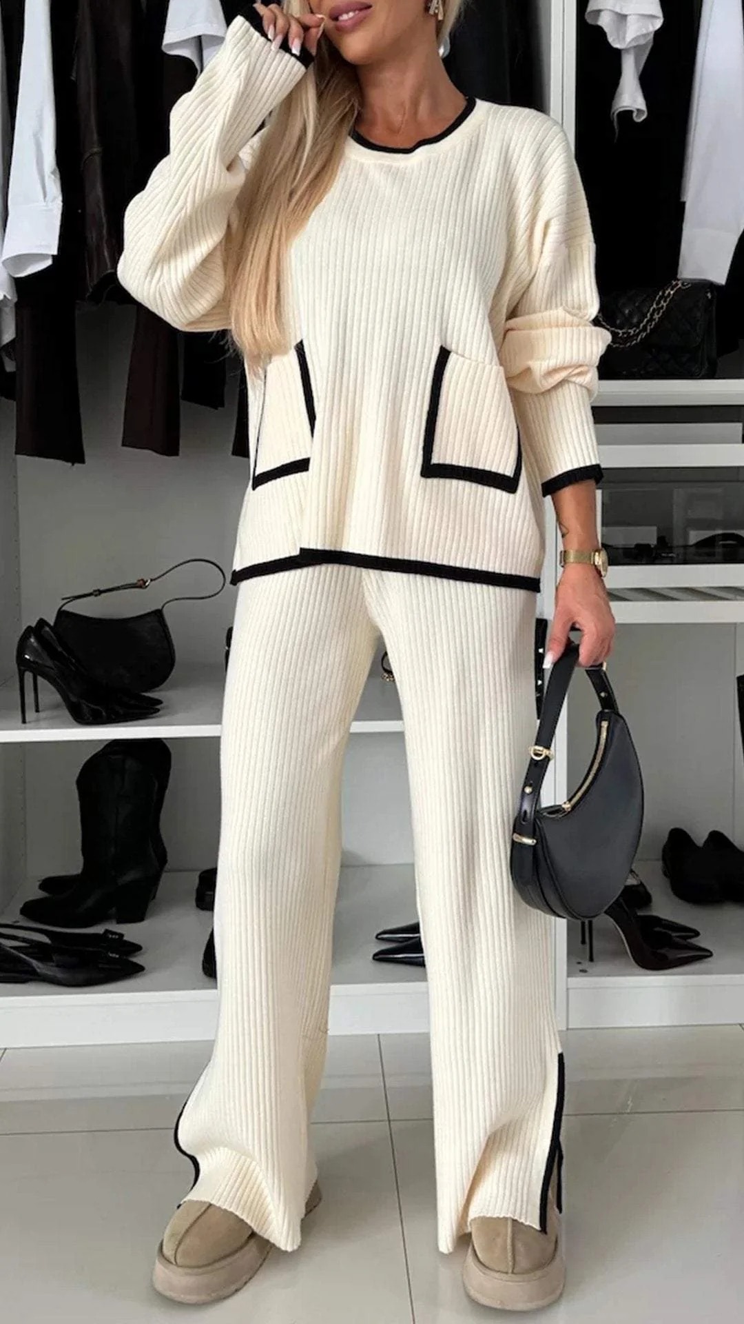 Women's Clothing Fall Collection Contrast Color Women's Casual Suit Color Block Pocket Top Wide Leg Pants Two piece Set_voghion.com