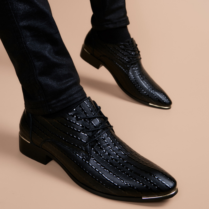 New Style Leather Shoes for Men, Genuine Leather Business Formal Wear, Youth British Style Casual Men's Shoes, Black Height-Increasing Lace-Up Korean Style Trendy Shoes