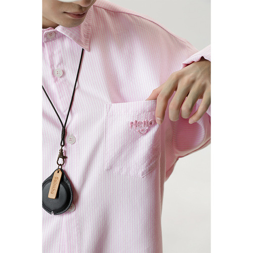 Retro Casual Color-blocked Vertical Striped Long-sleeve Shirt for Men Spring Summer Pocket Embroidered Couple Loose Collar Shirt Outerwear