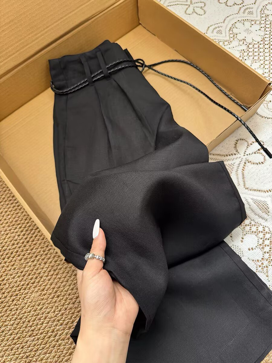 Quần nữ ống rộng cạp cao chất liệu linen thoáng mát mùa hè — màu đen