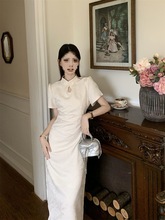 新中国风立领盘扣重工长款显瘦短袖旗袍连衣裙夏季超仙气质长裙子