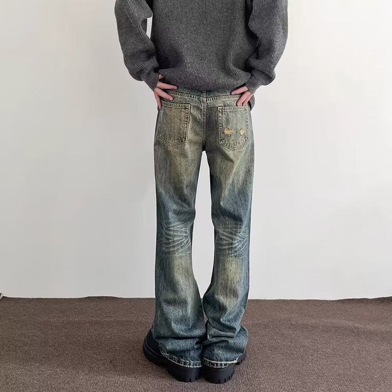 American High Street Vibe Retro Washed Old Jeans Men's Tide Straight Tube Slightly Thin Cleanfit Long Pants_mkmklike.com