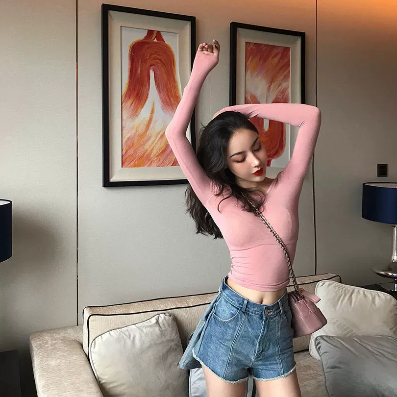 Топ с длинным рукавом укороченный, базовый осенний облегающий слой, женский, 2–10 мм