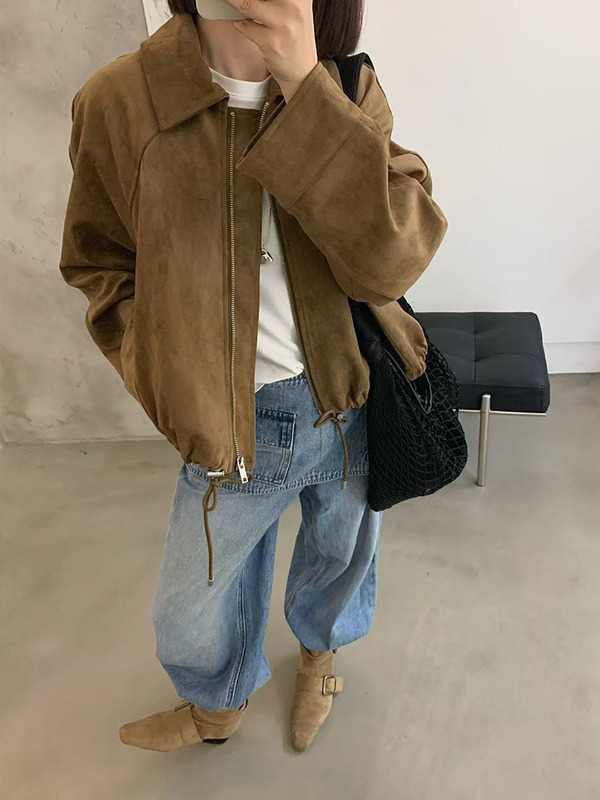 复古翻领麂皮绒外套女欧洲站2025年秋季新款韩版抽绳时尚夹克上衣|undefined