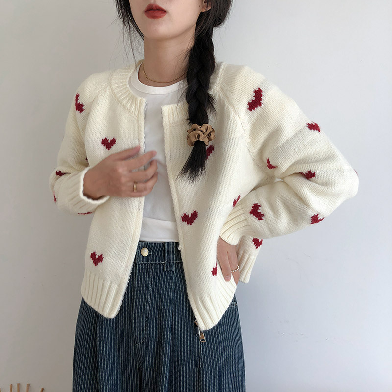 韩系新款爱心提花双拉链学院风时尚圆领毛衣女针织开衫女秋冬外套|undefined