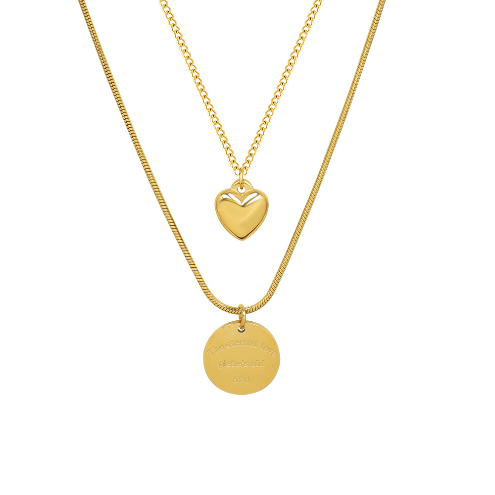 Collier double couche en acier titane et or avec pendentif en forme de cœur rond et chaîne de clavicule de style français Marka_voghion.com