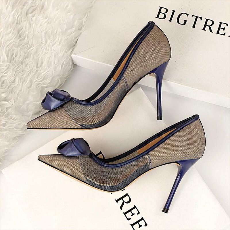 1853-2 European and American Sexy Nightclub Slim-Fit Stiletto High-Heeled Mesh Hollow-Out Satin Rose Flower Single Shoes High Heels