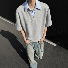 偽のシャツの襟の半袖のtシャツの男性のタイプの夏のアメリカの復古の潮の札の重いポンドの半袖のゆったりしている5分の中袖