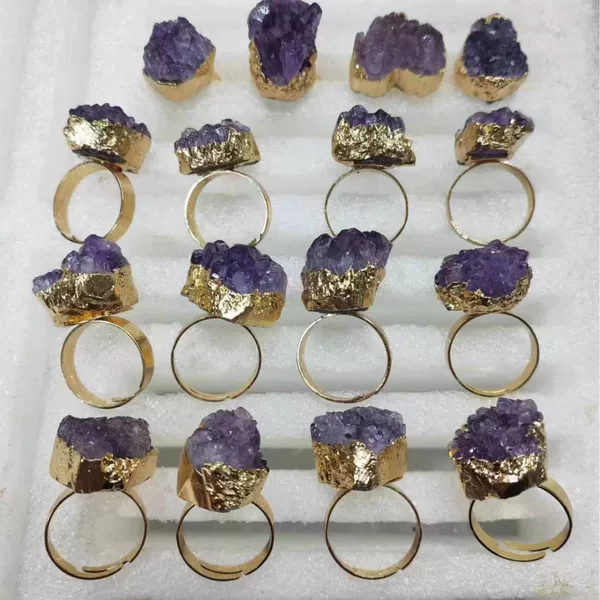 Natural Amethyst Ring Irregular Crystal Ring Electroplated Phnom Penh Opening Ring Niche Design Ring Cross Border