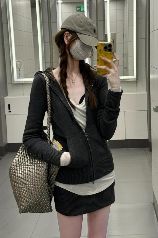 美式复古氛围感早秋季针织衫开衫上衣女修身连帽格子休闲毛衣外套|undefined