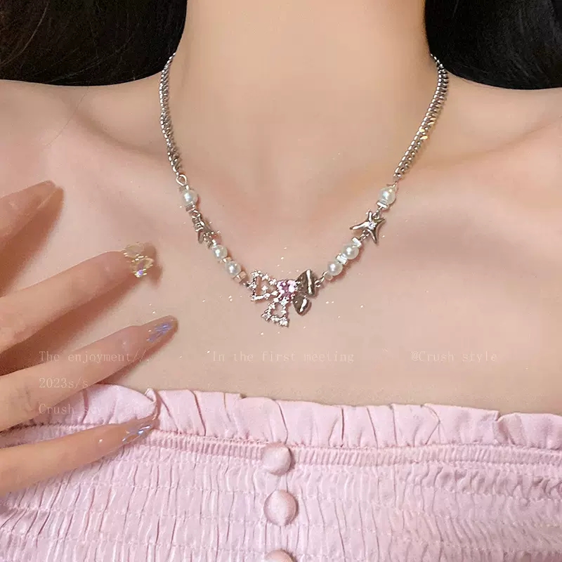 蝴蝶结项链锆石珍珠项链女款夏季甜酷辣妹配饰轻奢小众甜美锁骨链
