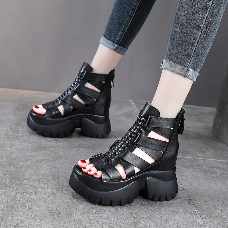 Sandal nữ da bò thật đế dày phong cách La Mã, mũi hở, gót trong cao — màu đen