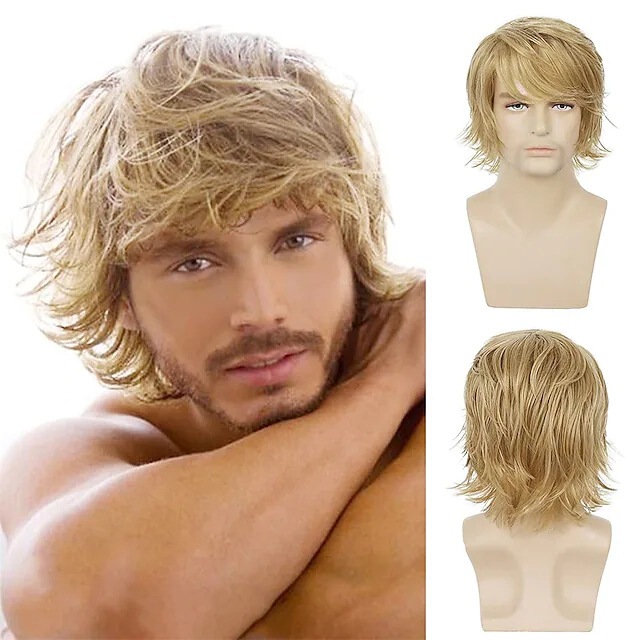 European and American Wig Men's headgear Golden turn-up short curly hair oblique bangs 12 inch American British chemical fiber wig European and American Wig Men's headgear Golden turn-up short curly hair oblique bangs 12 inch American British chemical fiber wig