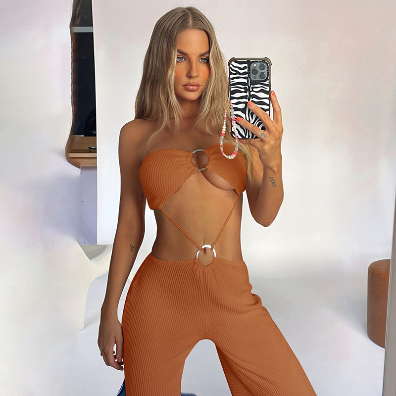 Solid Color Hollow Tube Top Trousers Lounge Set NSFLY96637