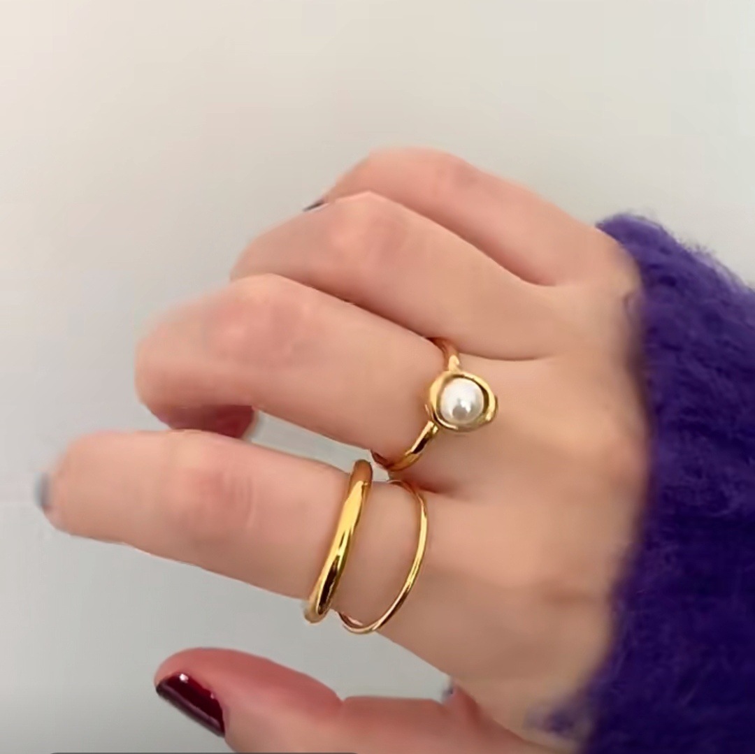 11g Weight Artificial Pearls Inlay Material Rings Classification Simple Style Geometric Double Ring Stainless Steel Inlay Artificial Pearls Rings