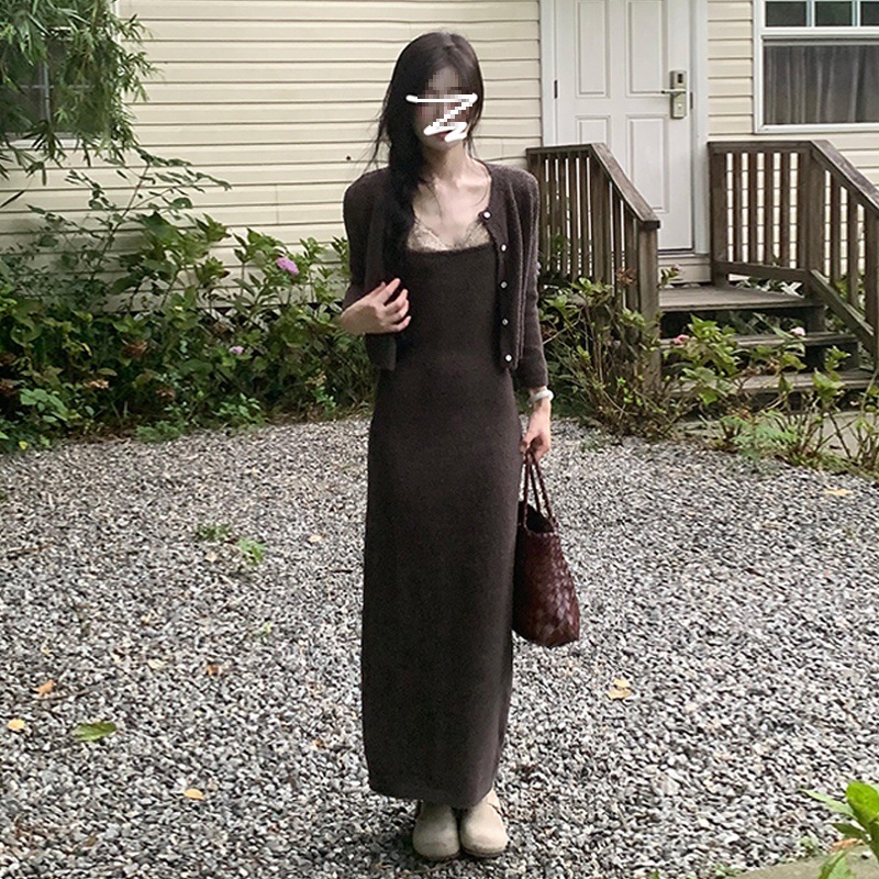 (2개) 프랑스 디자인 기질 니트 슬링 원피스 어린이 초가을 2025 새로운 가을 착용 세트