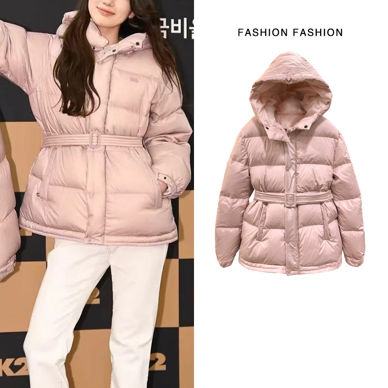 New Winter Pink Hooded Waist Mid-Length Korean Style White Duck down Thickeneded Warm down Jacket for Women 2024