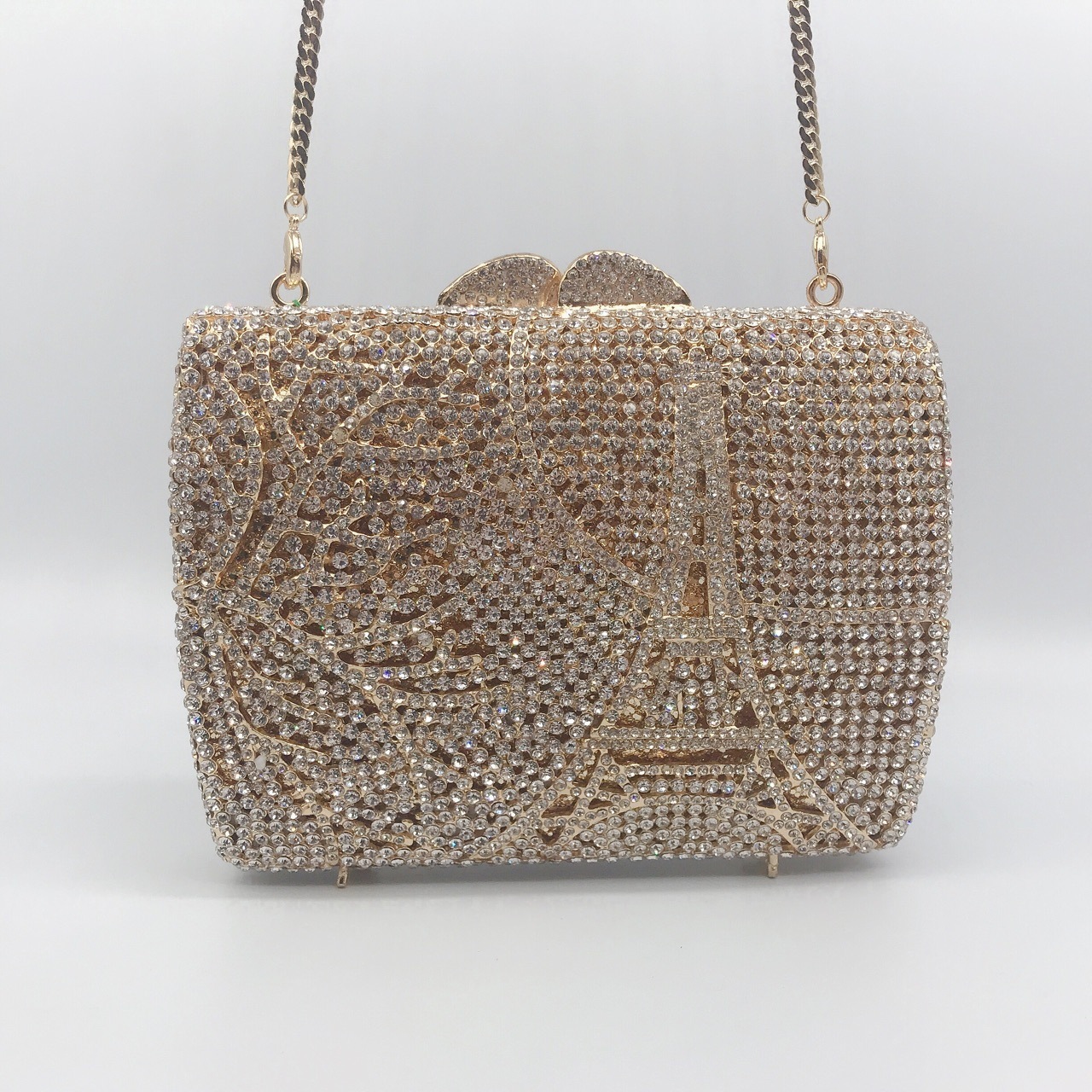 Bolsa de cena con diamantes transfronterizos no vacío caja metálica dura bolsa de diamantes vestido de banquete de mano bolsa de mujer bolsa de torre suave