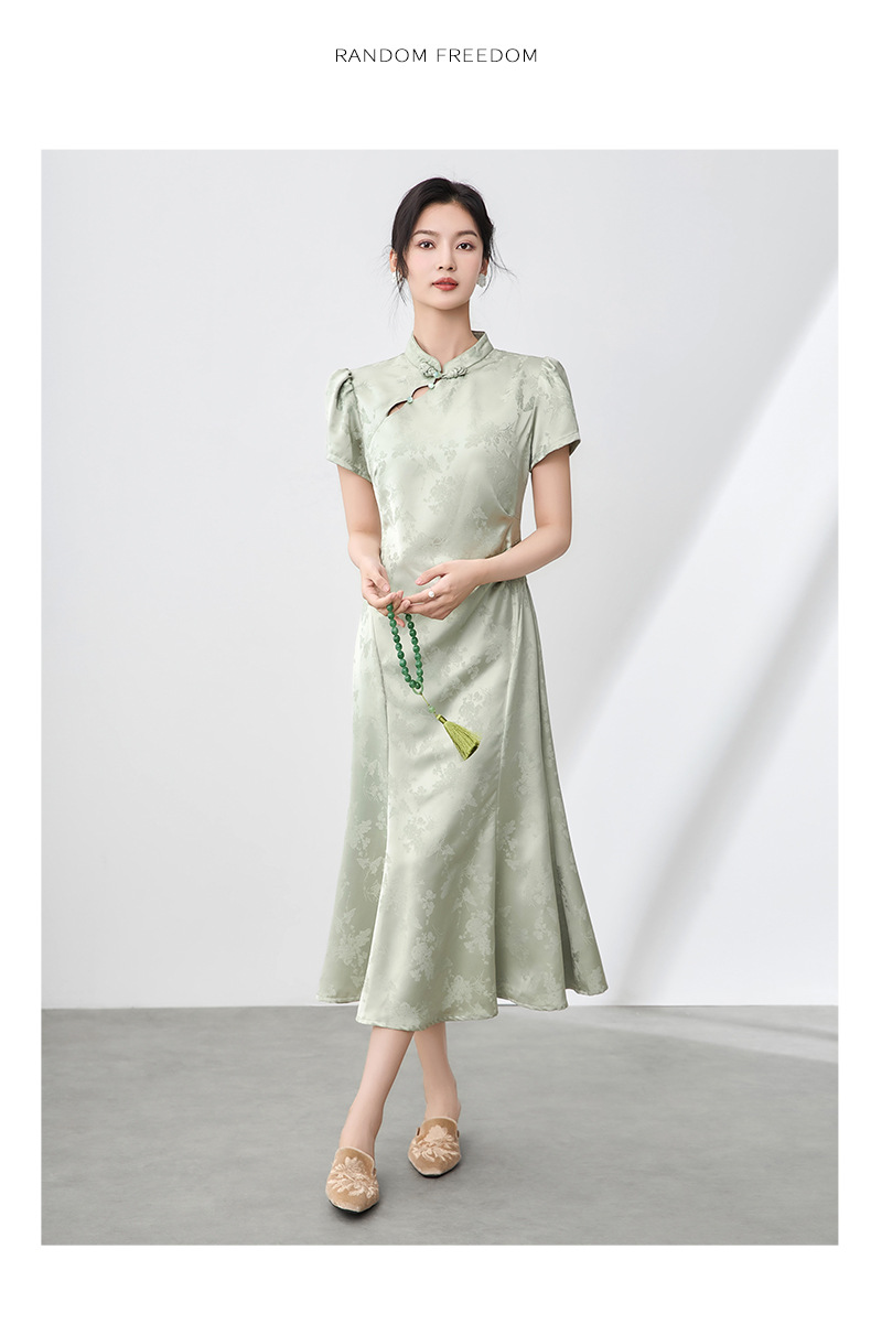 Đầm maxi nữ thắt eo phong cách sườn xám cổ điển, họa tiết phù điêu jacquard phương Đông — Màu xanh lá chi tiết 10
