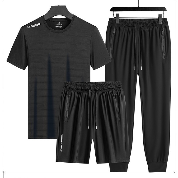 Trajes deportivos transfronterizos para hombres de verano de seda de hielo de manga corta de mediana edad, pantalones rectos para padres de tres piezas de secado rápido