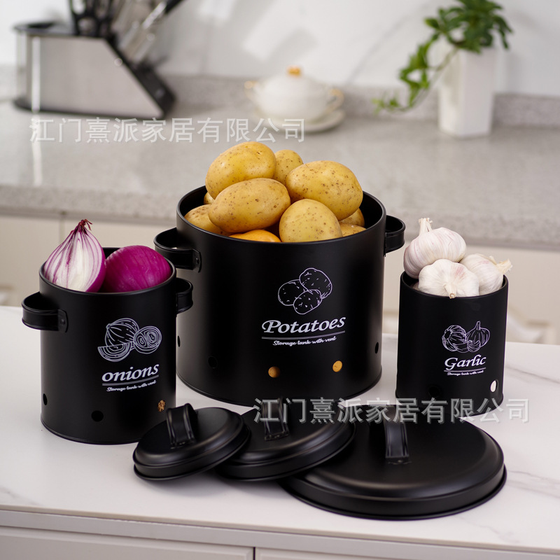 Barril de almacenamiento de patatas transfronterizas con orificio de ventilación, tanque de almacenamiento de cebolla y ajo, tanque de almacenamiento multifuncional de hierro