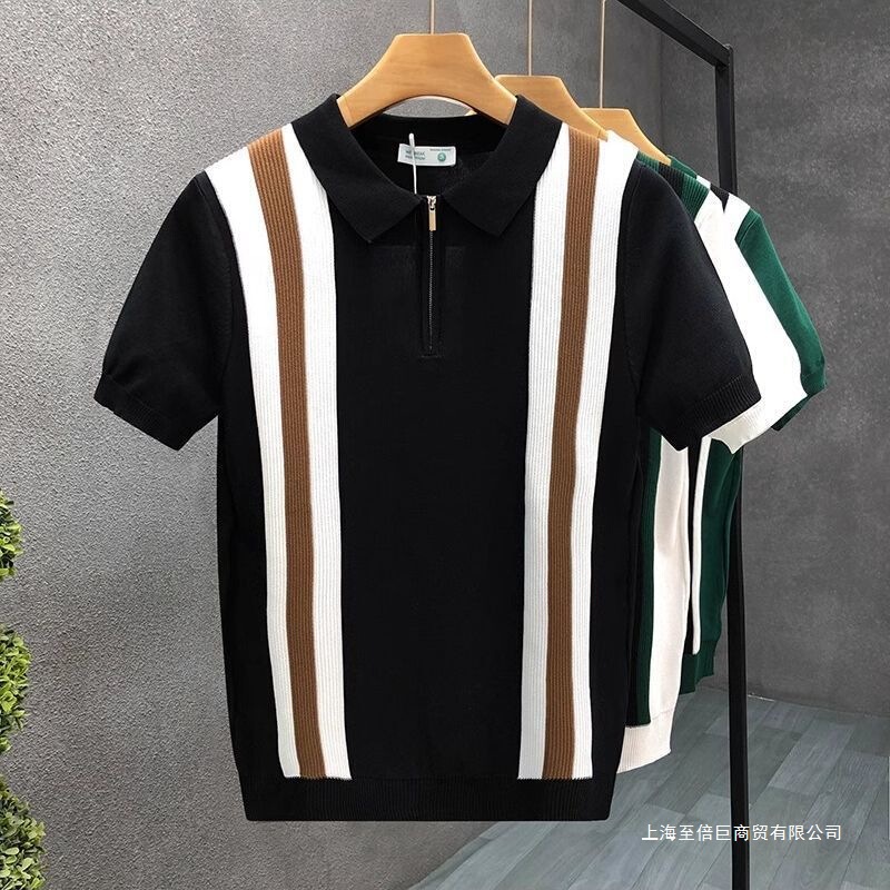 Striped Color-Block Knit Short-Sleeve Men's Summer Casual Oversized T-Shirt Stylish Fitness Top