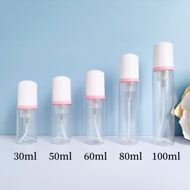 30 dientes PET mousse transparente botella 30ml100ml limpiador facial espuma botella champú espuma botella de pie en stock