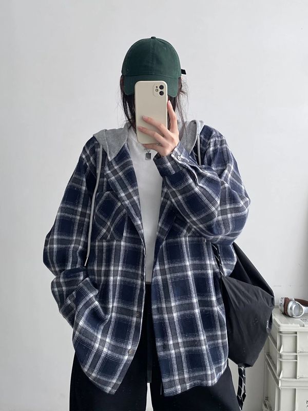 复古连帽格子衬衫女春秋宽松慵懒风小个子格纹衬衣跨境防晒外套女|undefined