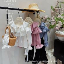奶萌女童衬衫110-150码2026春款韩版洋花边露肩娃娃衫  甜茶2605